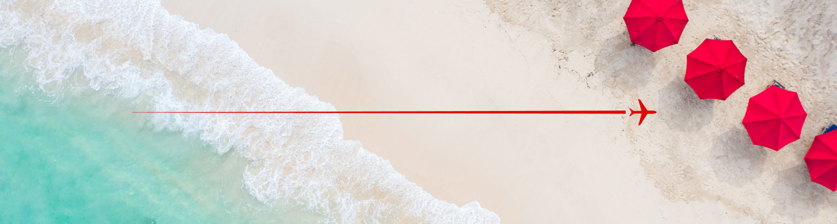 Red airplane flying across beach front lined with red umbrellas