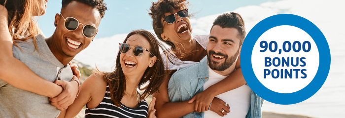 Score 90,000 Flybuys points with NAB Smiling friends hanging out and 90,000 Flybuys points roundel
