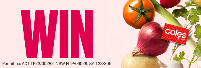 Win a year’s worth of groceries with HCF 'Win' text next to Coles gift card and vegetables