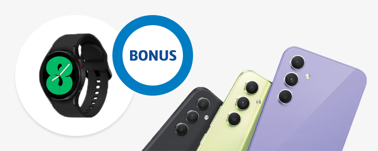 Trio of Samsung phones and 'bonus' roundel next to Samsung smart watch 
