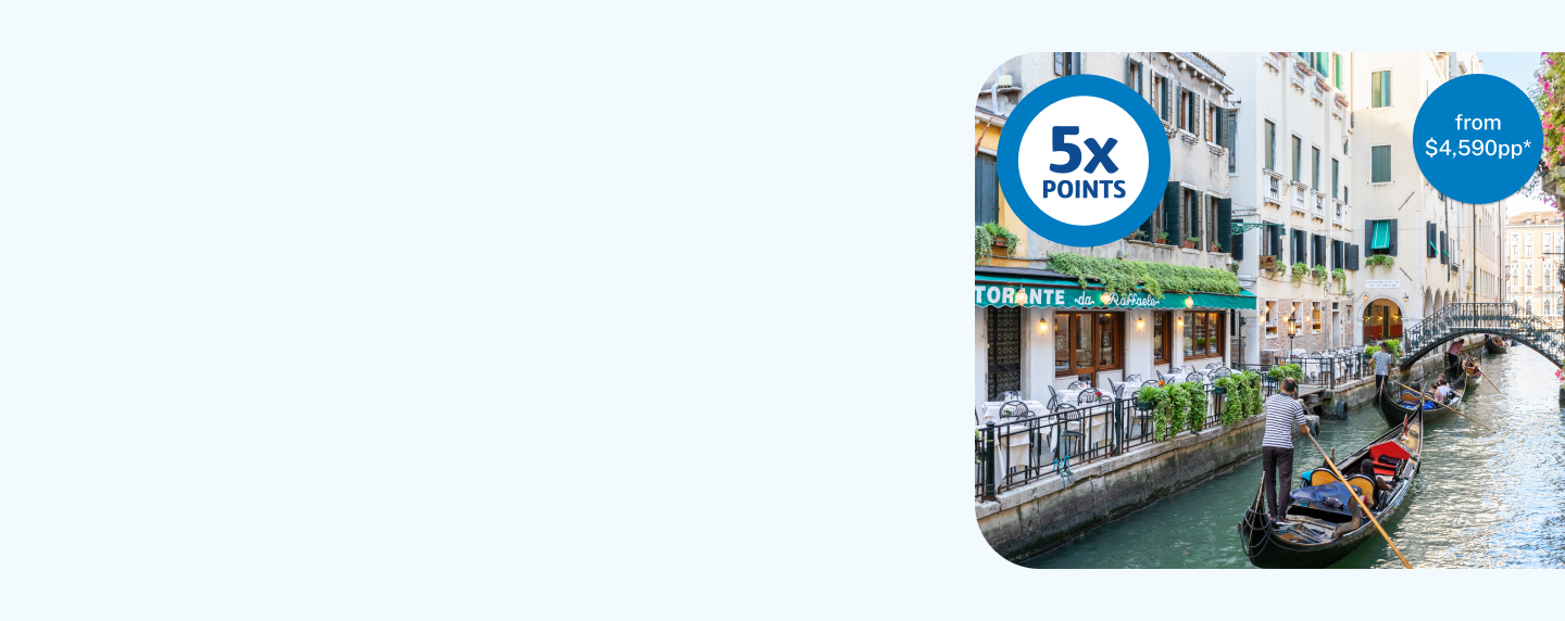 Gondola floating down Venice canal with roundel '5x points' and roundel '$4,950 pp'