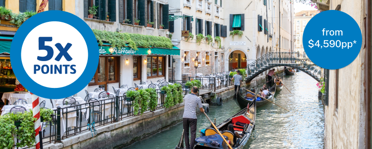 Gondola floating down Venice canal with roundel '5x points' and roundel '$4,950 pp'