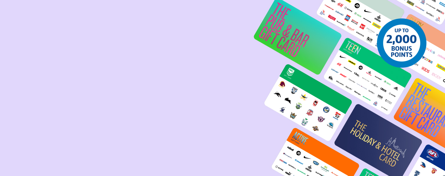 Roundel with text 'up to 2,000 bonus points' on top an array of The Card Network gift cards