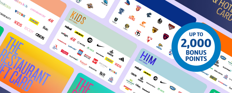 Roundel with text 'up to 2,000 bonus points' on top an array of The Card Network gift cards