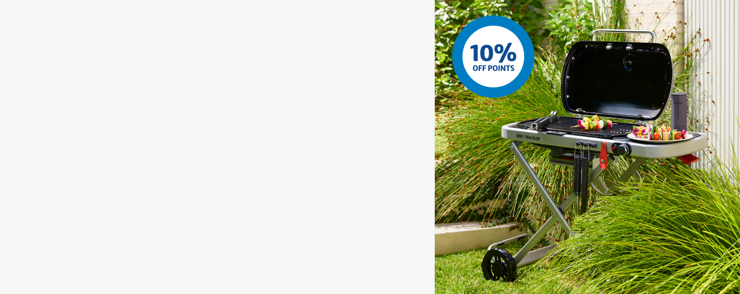 Skewers on Weber BBQ and roundel with text '10% off points'