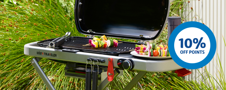Skewers on Weber BBQ and roundel with text '10% off points'