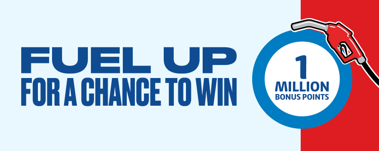 Text 'Fuel up for a chance to win' next to fuel pump on top of 1 million point roundel