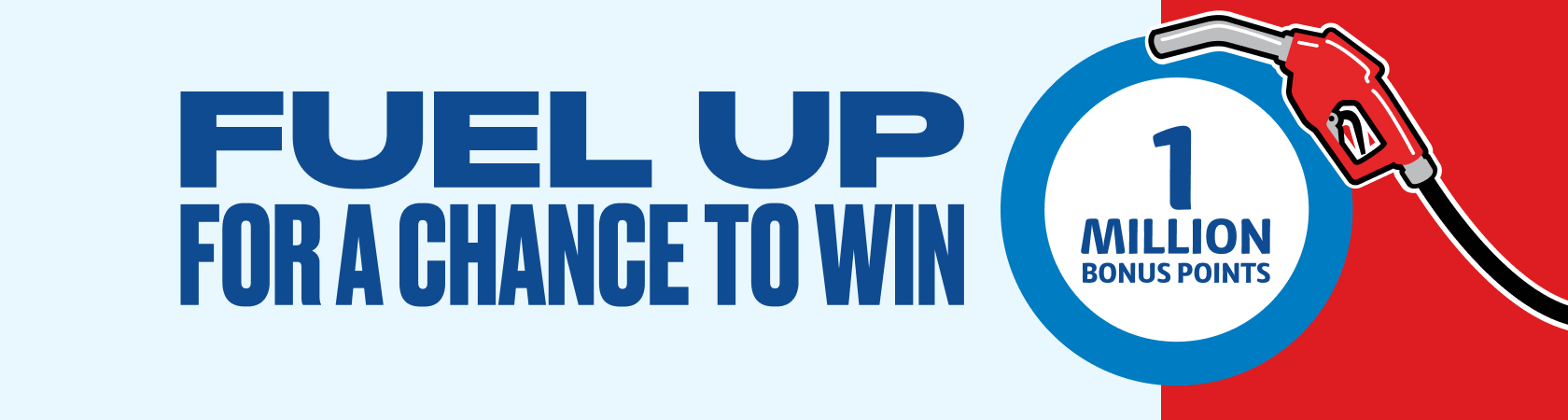 Text 'Fuel up for a chance to win' next to fuel pump on top of 1 million point roundel