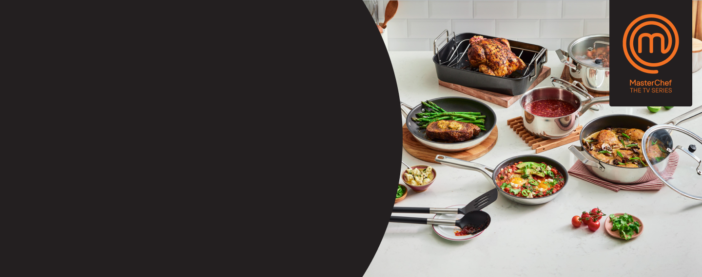 Food displayed in MasterChef cookware and MasterChef the TV series logo
