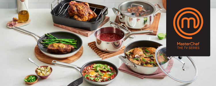 Food displayed in MasterChef cookware and MasterChef the TV series logo