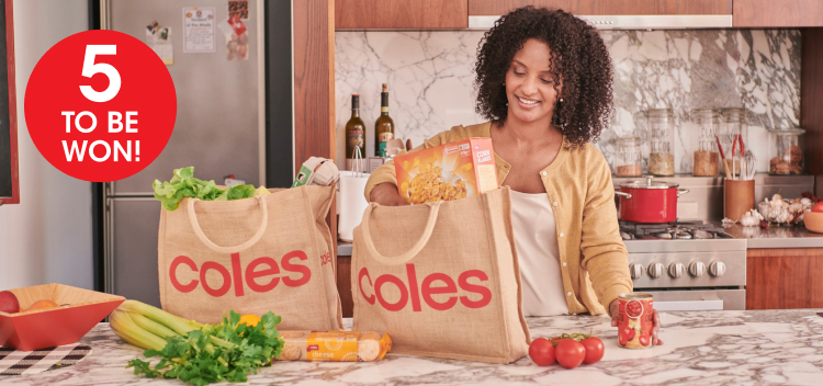 Women unpacking Coles groceries in kitchen and roundel '5 to be won!'
