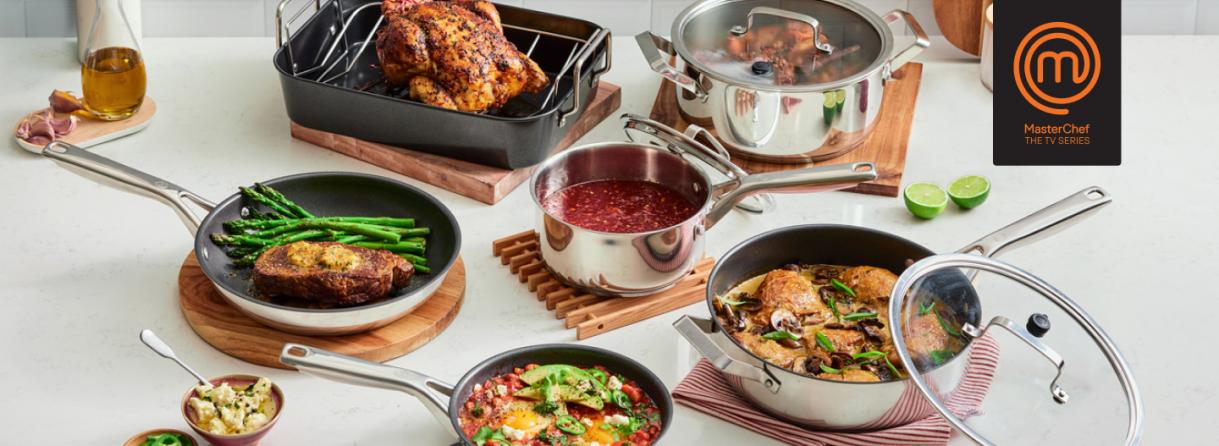 Food cooked in MasterChef cookware displayed on table