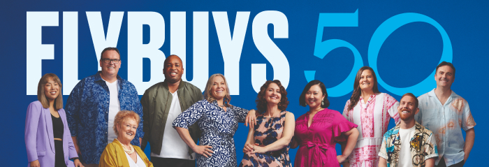 Meet the members with all the answers Top 10 Flybuys Members of 2023 standing in front of 'Flybuys 50' text