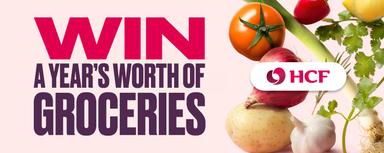 HCF logo by 'Win a year's worth of groceries' and vegetables