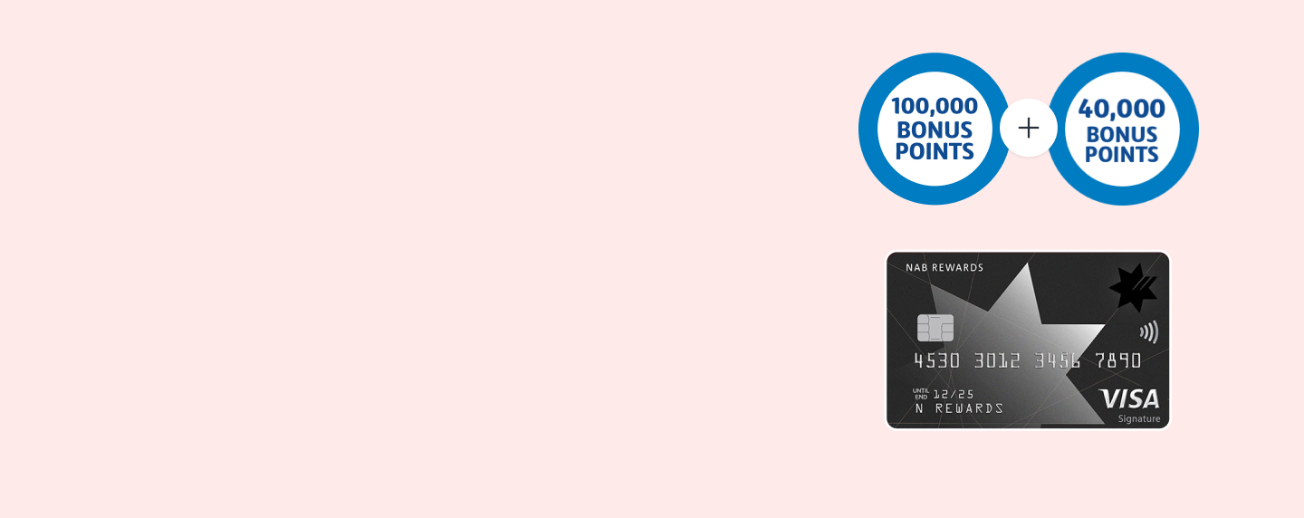 NAB reward card next to roundel with '100,000 bonus points' text' plus sign and roundel with '40,000 bonus points' text