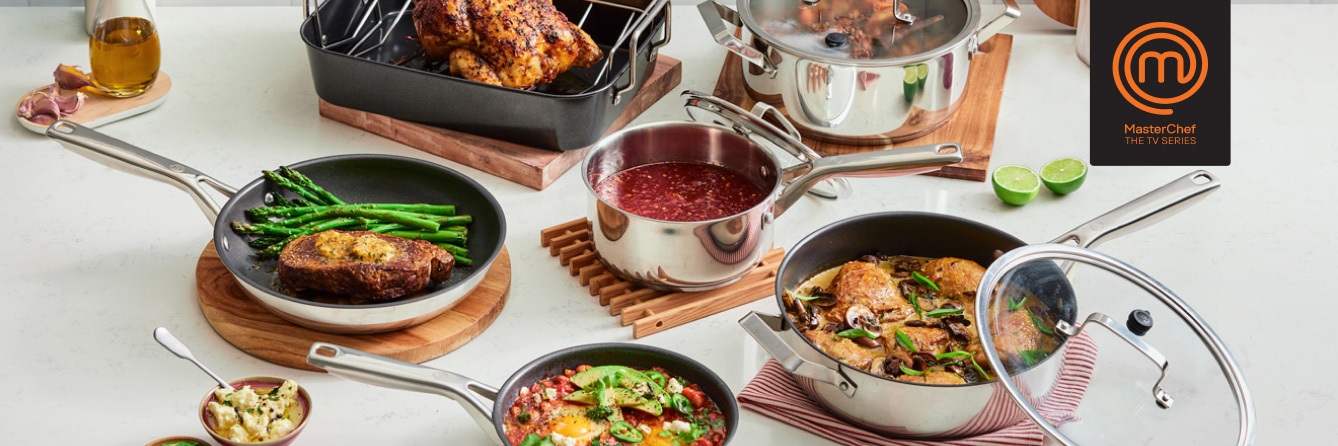 Food cooked in MasterChef cookware displayed on table