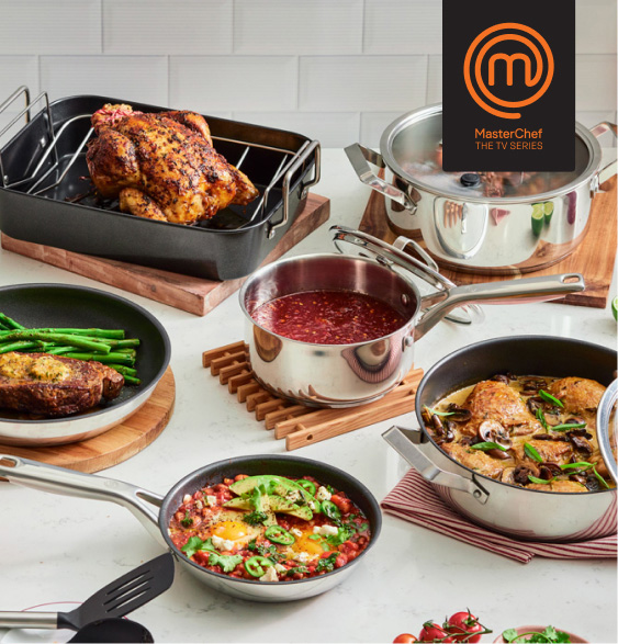 Food cooked in MasterChef cookware displayed on table