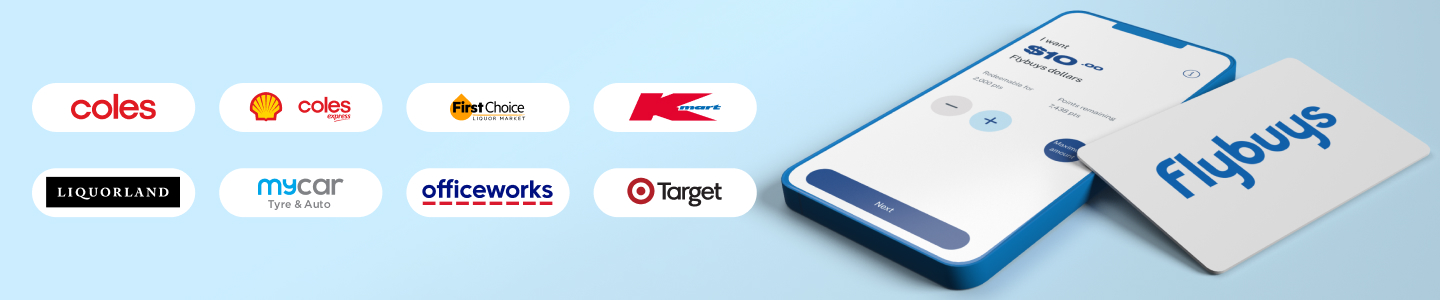 Flybuys app, card and partners logos