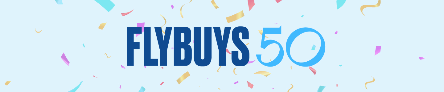Flybuys 50 text on blue background and confetti 