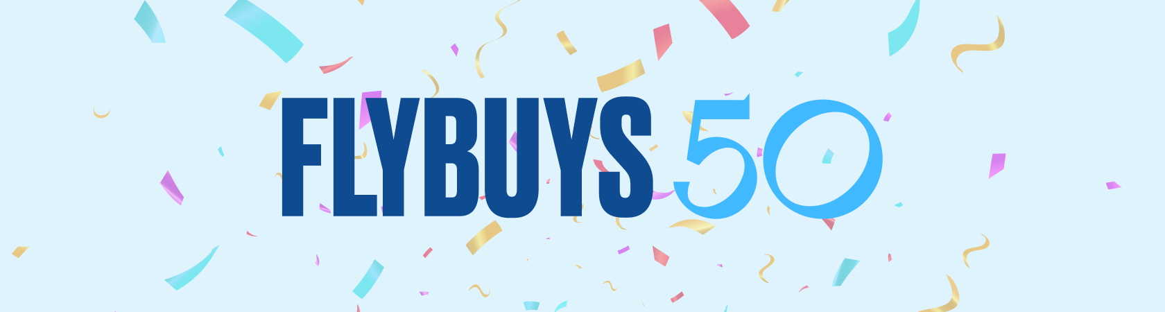 Flybuys 50 text on blue background and confetti 