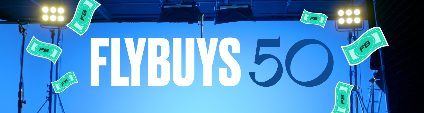 Flybuys Dollars floating around Flybuys 50 text on background shoot