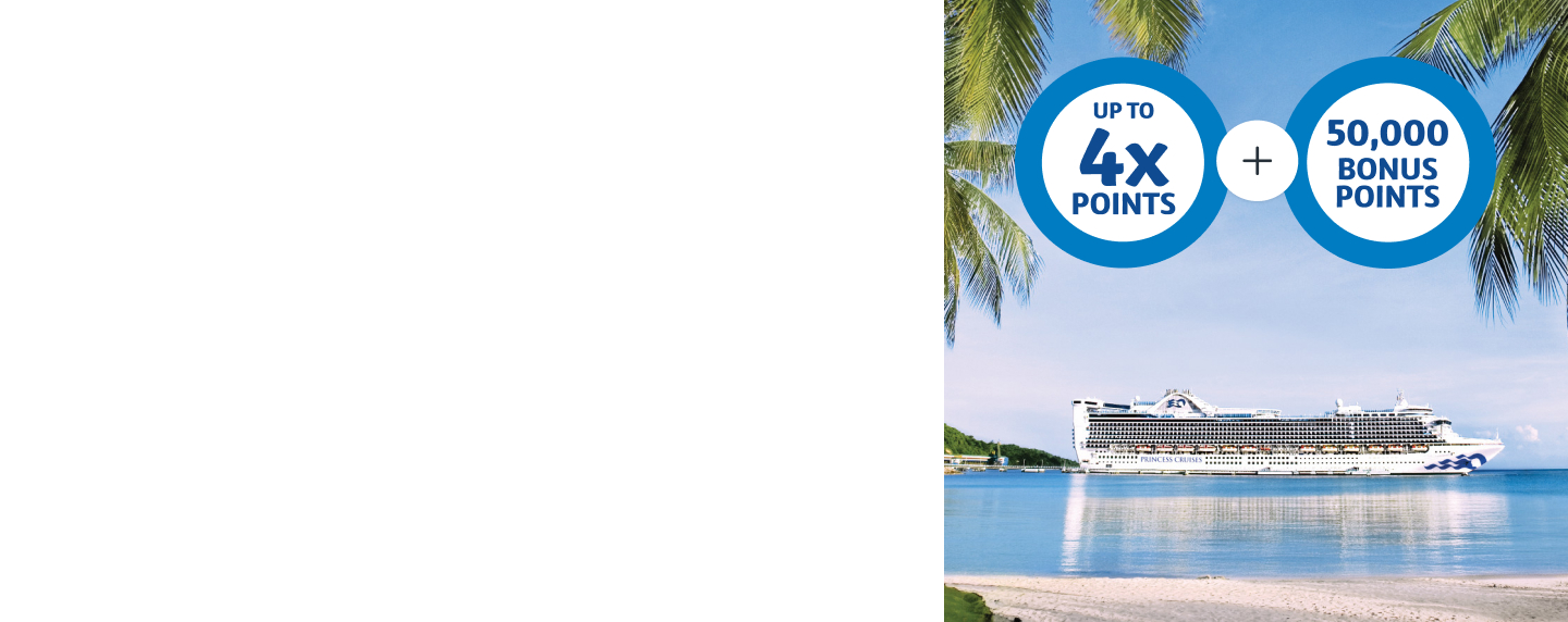 Princess cruise sailing in the middle of tropical sea with palm trees in the foreground and Flybuys up to 4x points roundel plus 50,000 bonus points 