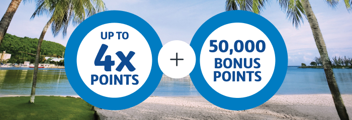 Tropical sea with palm trees in the foreground and Flybuys up to 4x points roundel plus 50,000 bonus points 