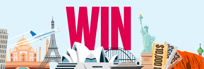 Plane flying across 'Win', world landmarks and travel vouchers