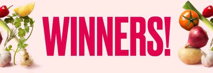"Winners!" surrounded by vegetables