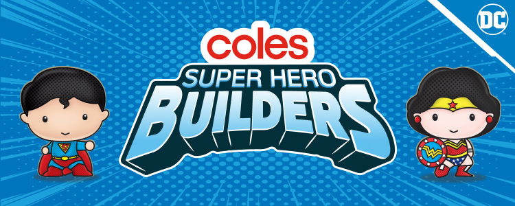 Coles Super Hero Builders characters lined up
