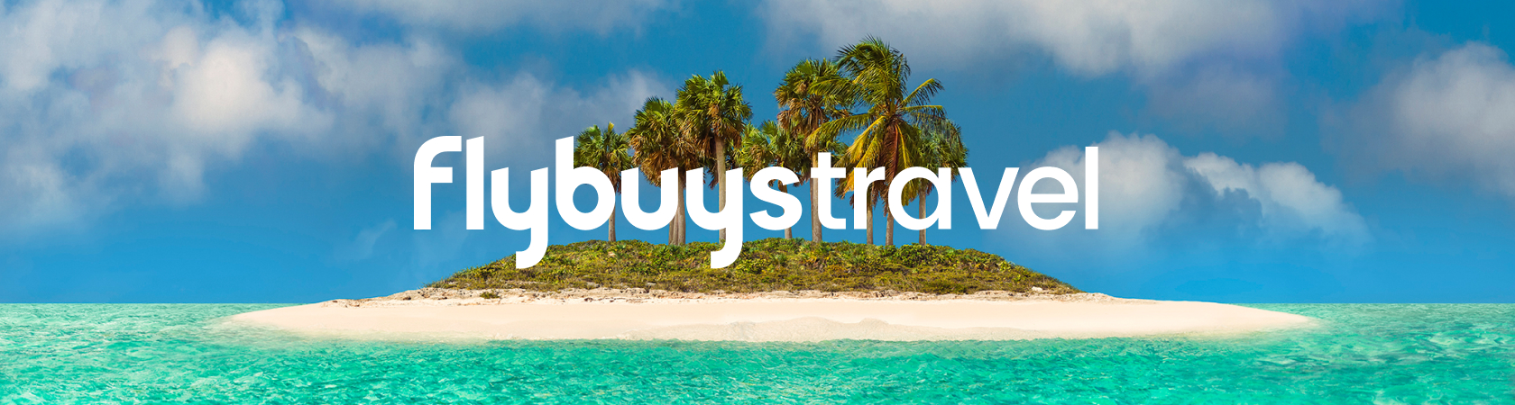 Flybuys Travel white logo over a desert island with green palm trees and aquamarine sea.   