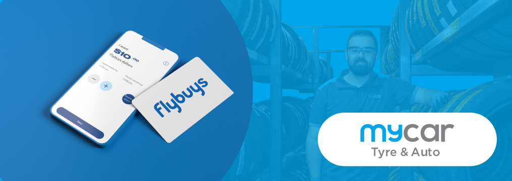How to pay with points at mycar Flybuys Dollars screen and Flybuys card with mycar staff member in background