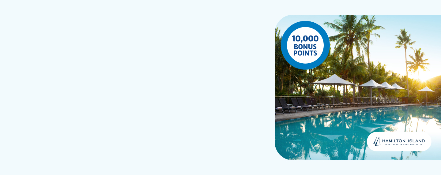 Reef View’s outdoor deck and pool with Flybuys 10,000 bonus points roundel 