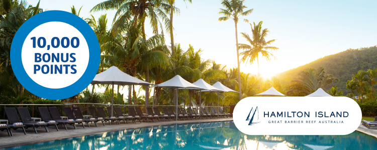 Reef View’s outdoor deck and pool with Flybuys 10,000 bonus points roundel 