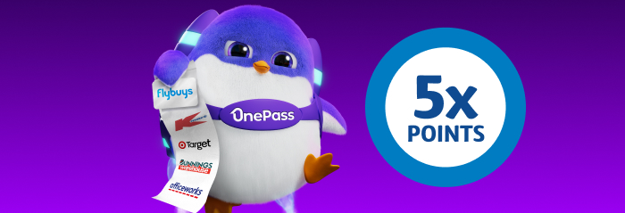 OnePass Onesie holds Flybuys card and docket displaying OnePass retailers