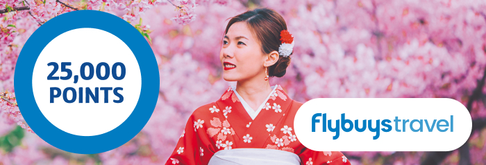 See the Wonders of Japan and collect 25,000 points Japanese girl in her red kimono standing next to Cherry Blossom trees in Japan