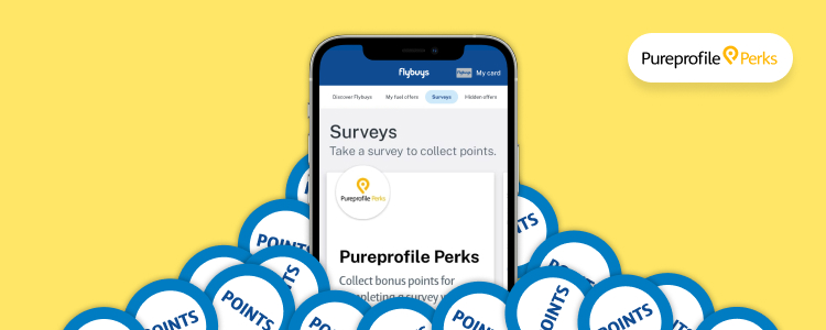 Pureprofile Perks screen sitting on stacks of point