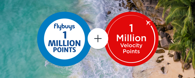 Aerial view of waves crashing against a beach with an overlay of the Flybuys 1 million points roundel and Velocity 1 million points roundel 