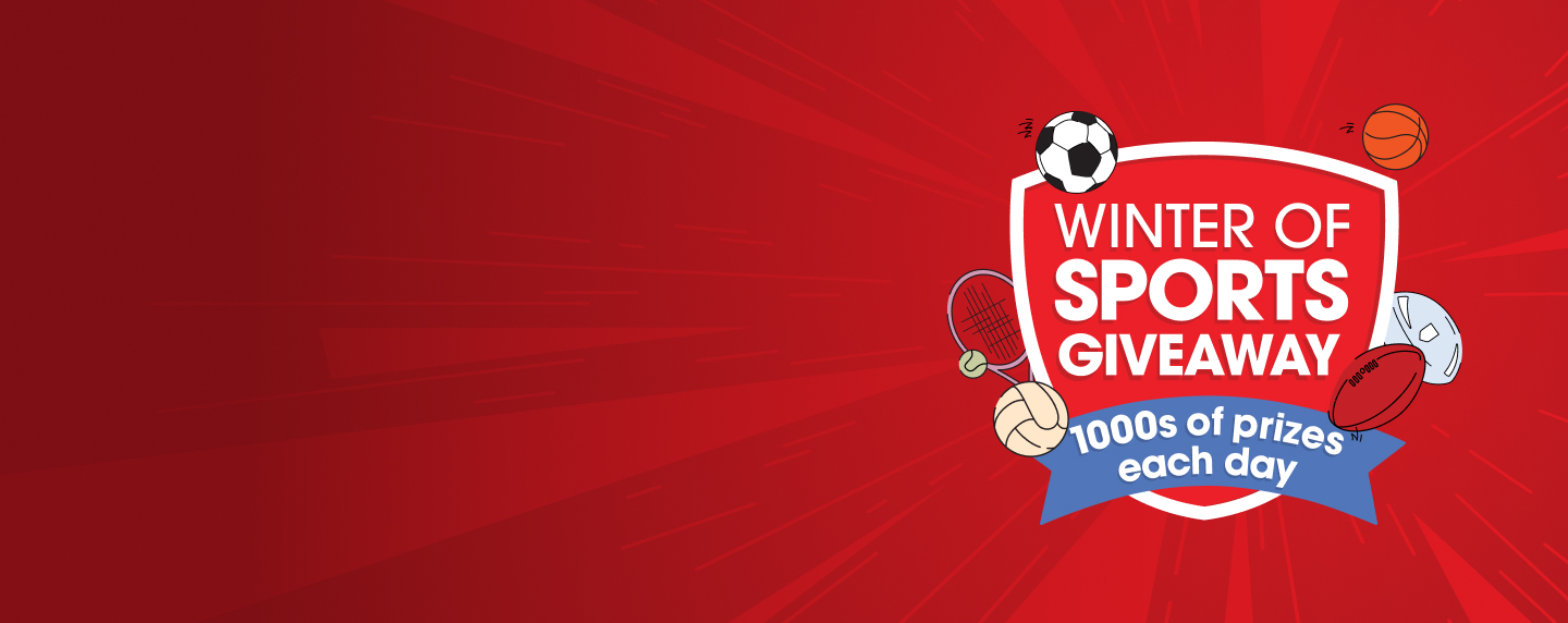 Shield surrounded by sports balls with winter of sports giveaway and 1,000 of prizes each day written on shield