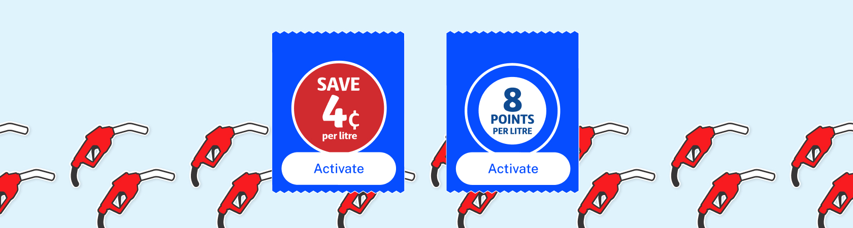Fuel pumps with two banners, 4c per litre and 8 cents per litre