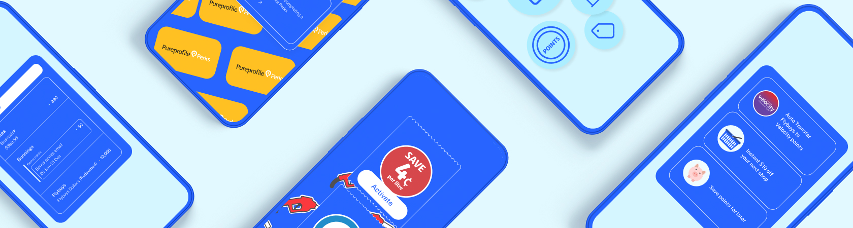 Group of smart phone with Flybuys App on screen