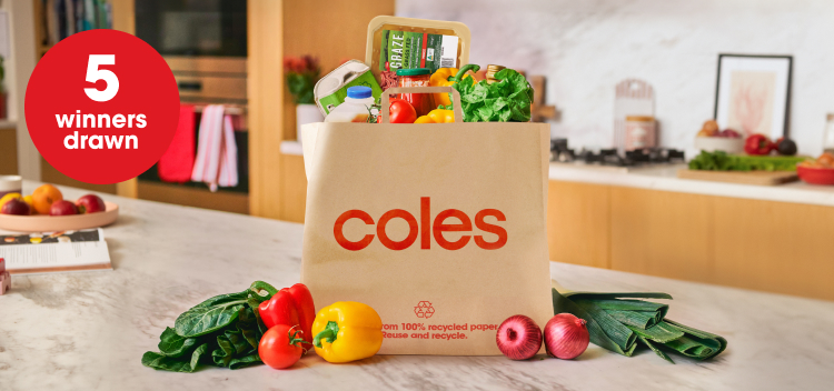 Full Coles shopping bag sitting on kitchen counter
