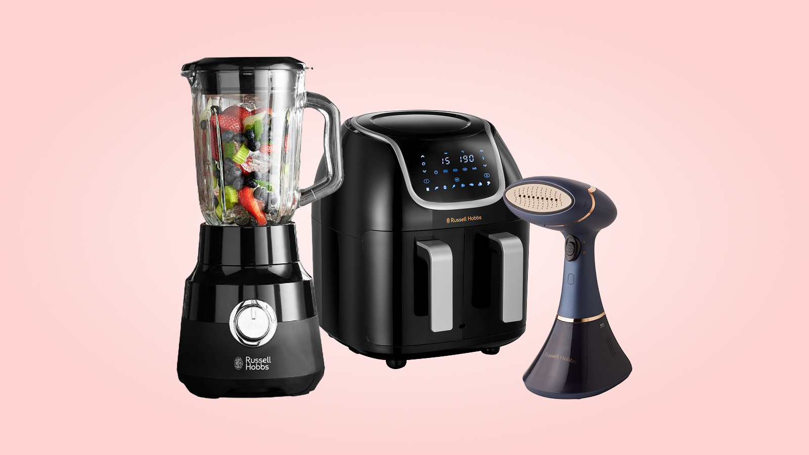 Trio of Russell Hobbs appliances with pink background
