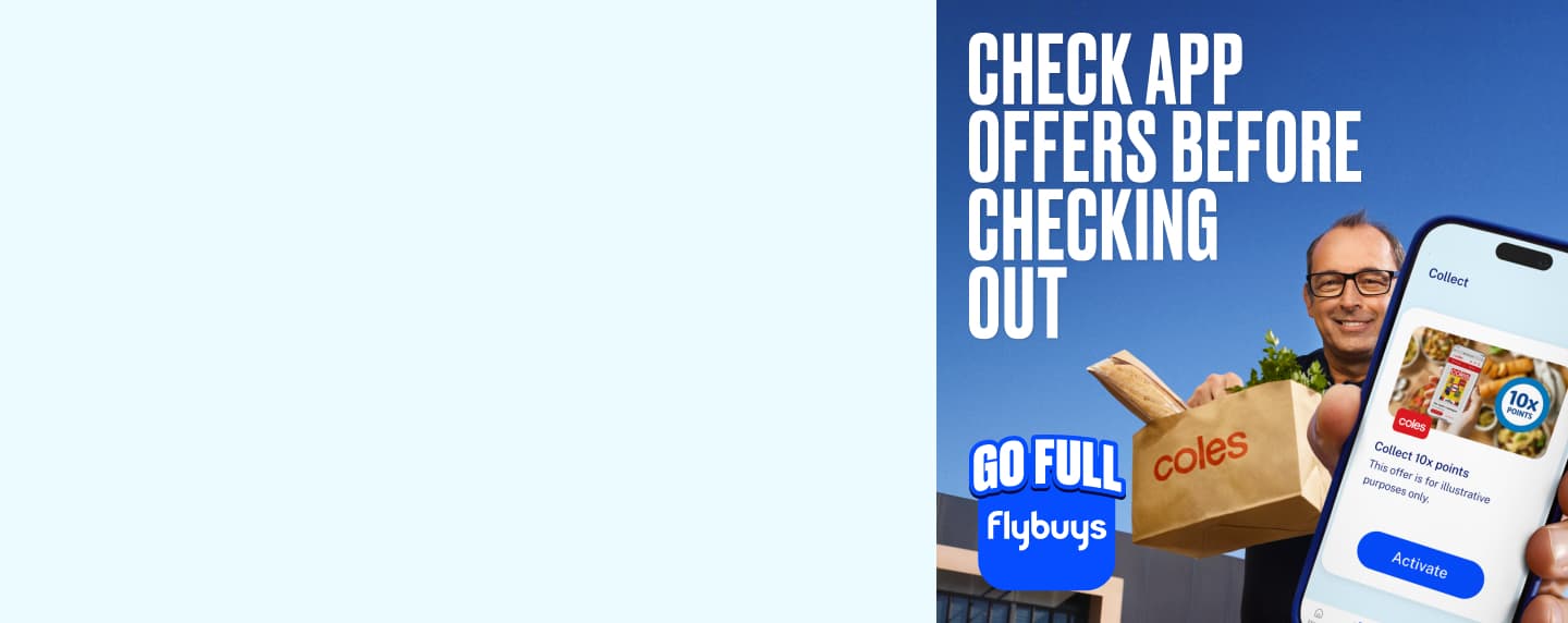 Smiling man holding a full Coles shopping bag holding an unactivated Coles Offers on his phone