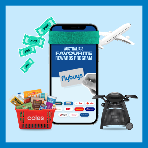 Smartphone showing Flybuys app with sweatband and Coles shopping basket, Weber BBQ, Flybuys dollars and plane taking off