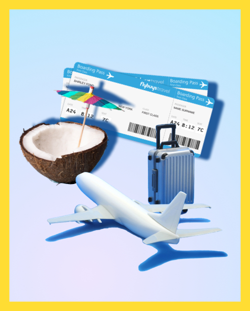 Boarding pass, plane, luggage and open coconut with a mini umbrella